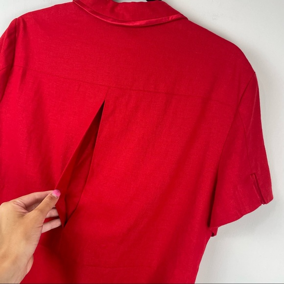 NWT Vtg Red Linen Set Button Down Wide Leg Crop Pants - Picture 10 of 12